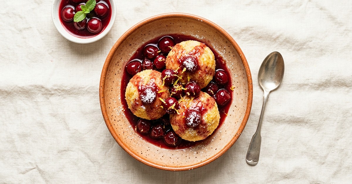One-Pot Austrian Cottage Cheese Dumplings with Warm Cherry Sauce