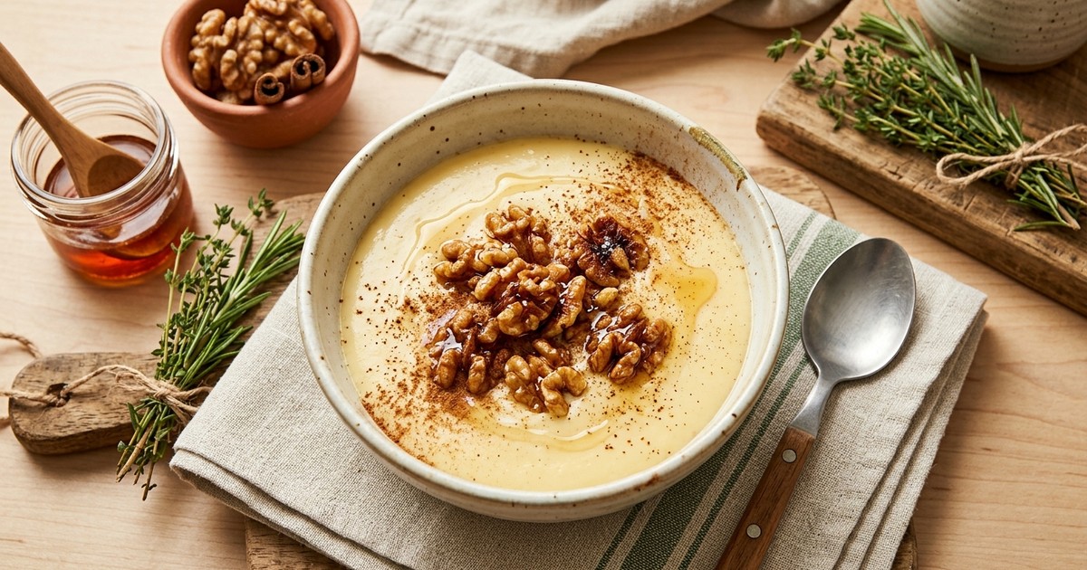 One-Pot Greek Cinnamon Egg Custard with Honey-Glazed Walnuts