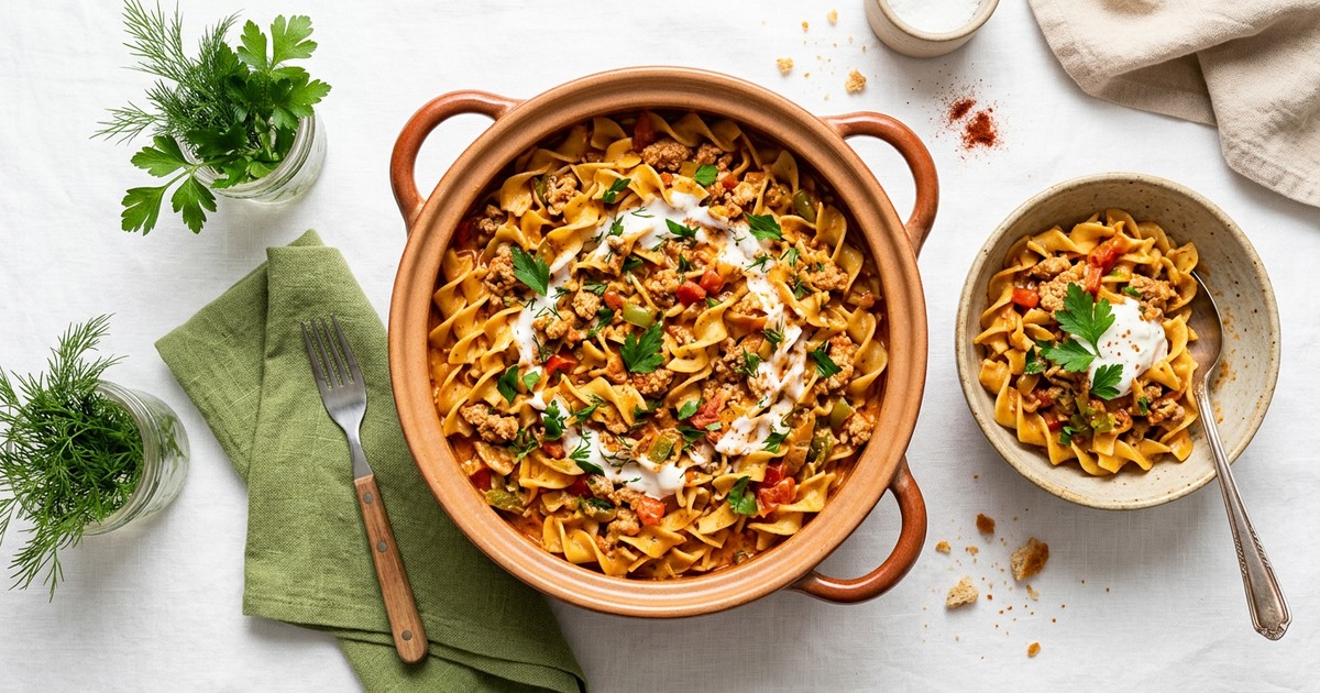 One-Pot Hungarian Turkey Paprikash with Egg Noodles