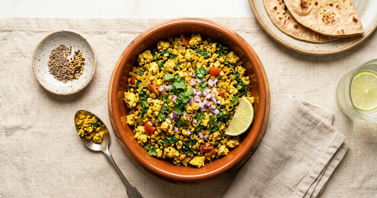 One-Pot Indian Tofu Bhurji with Golden Moong Dal and Spinach