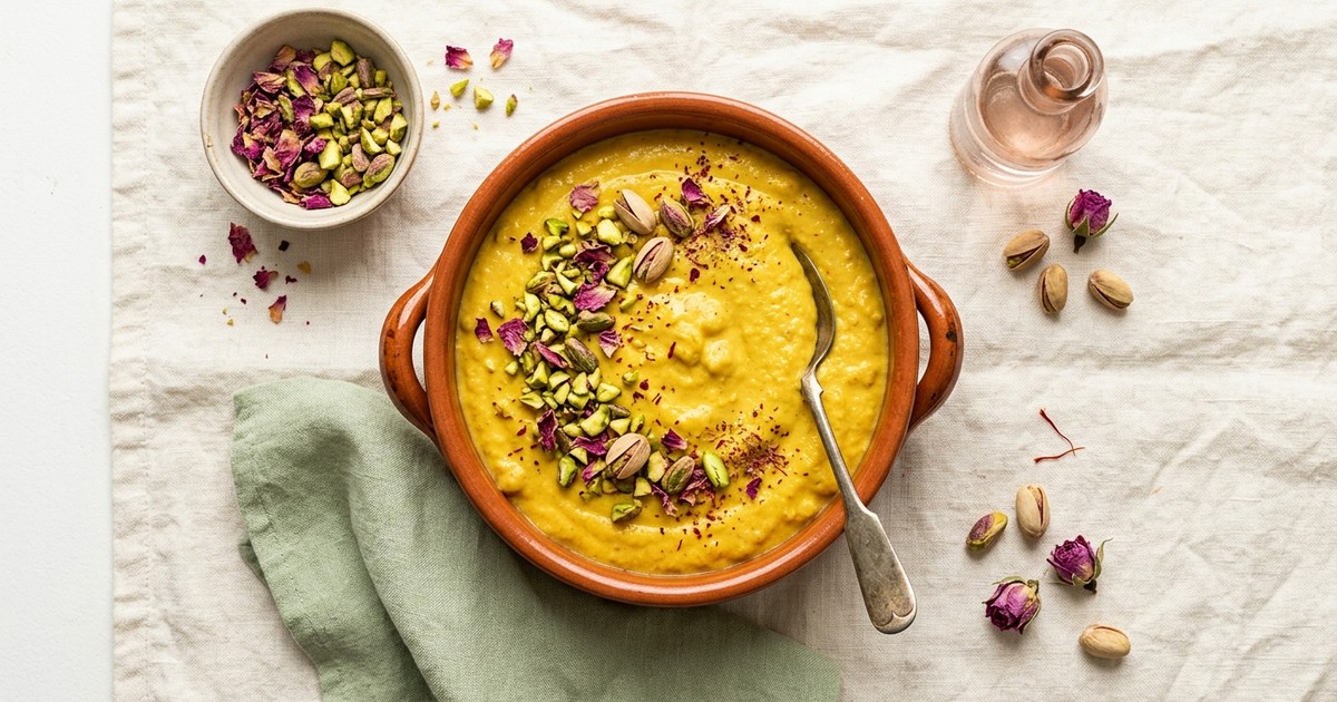 One-Pot Mediterranean Saffron Chickpea Pudding with Rose and Pistachio