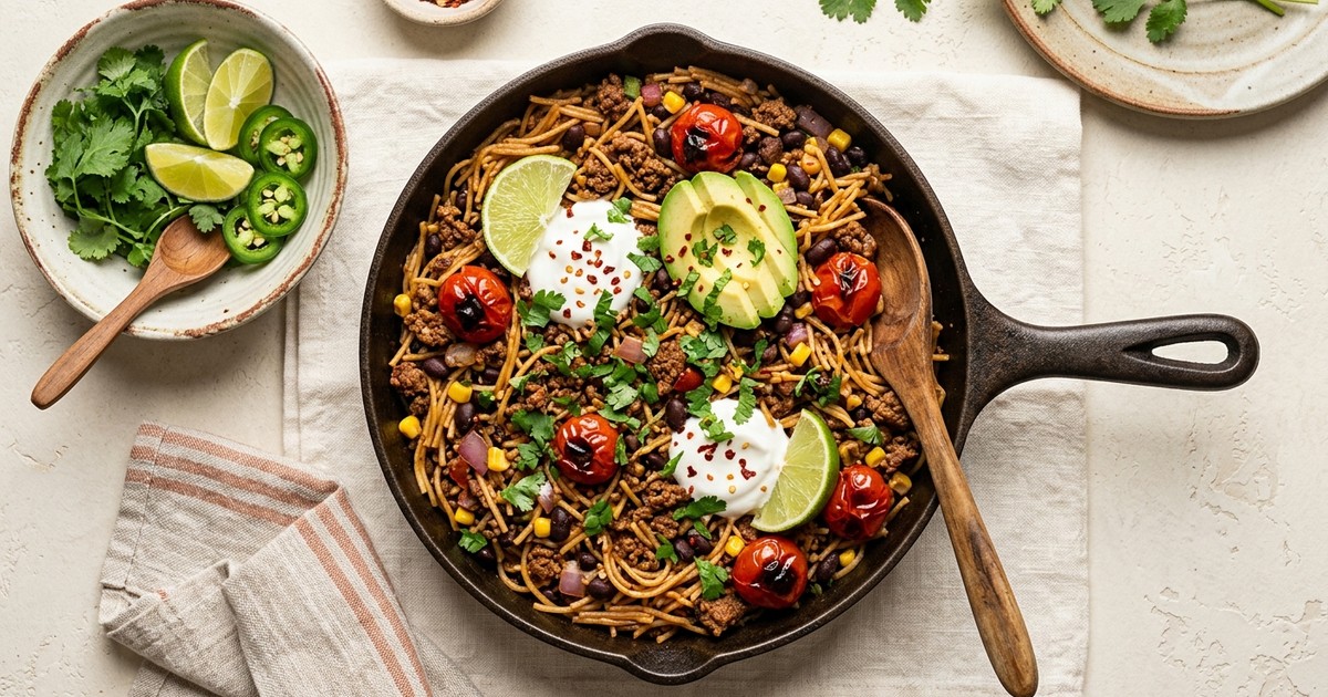 One-Pot Mexican Beef Fideo with Charred Tomato and Black Beans