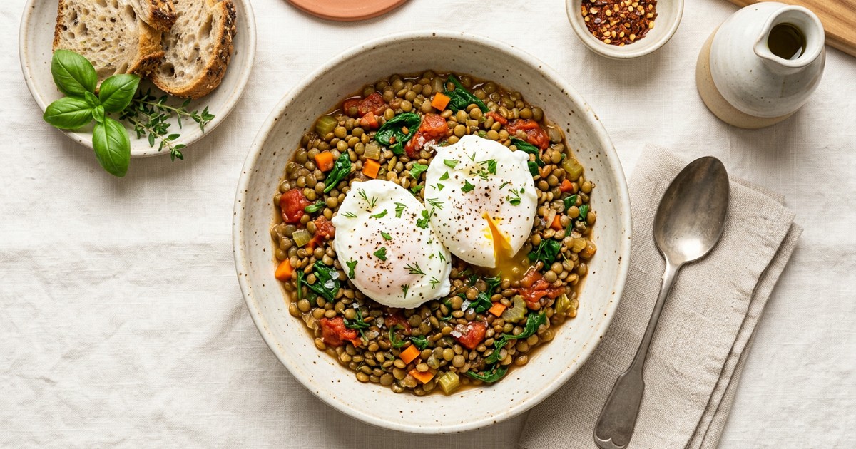 Poached Eggs over Italian Herb Lentils: Warm High-Protein GLP-1 Lunch
