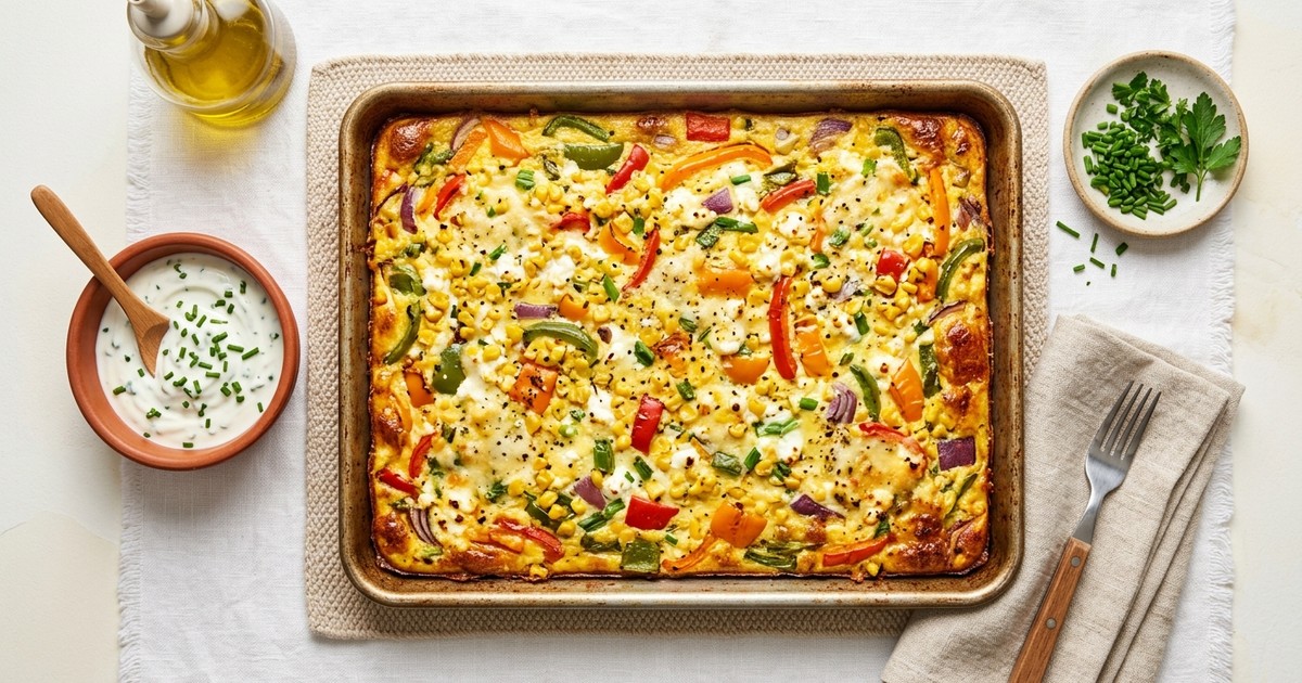 Sheet Pan American Egg, Corn, and Pepper Bake with Chive Yogurt