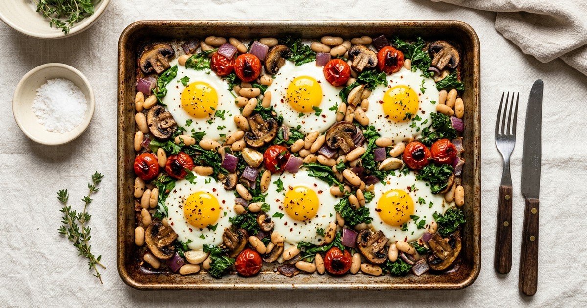 Sheet Pan American Farmhouse Egg and White Bean Dinner