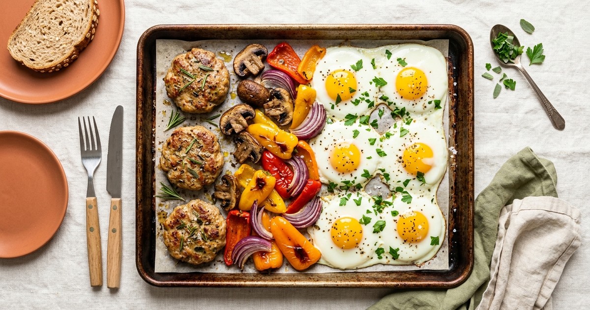 Sheet Pan American Turkey Sausage Breakfast with Mushrooms and Baked Eggs