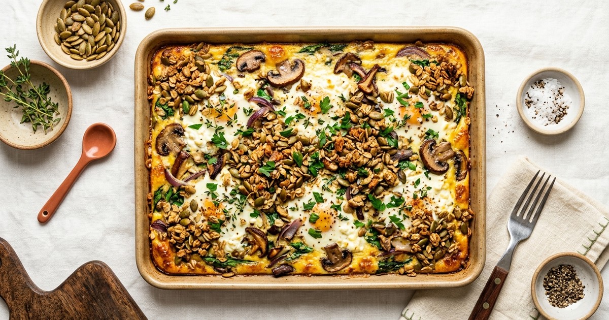 Sheet Pan Austrian Egg and Mushroom Bake with Pumpkin Seed Crumble