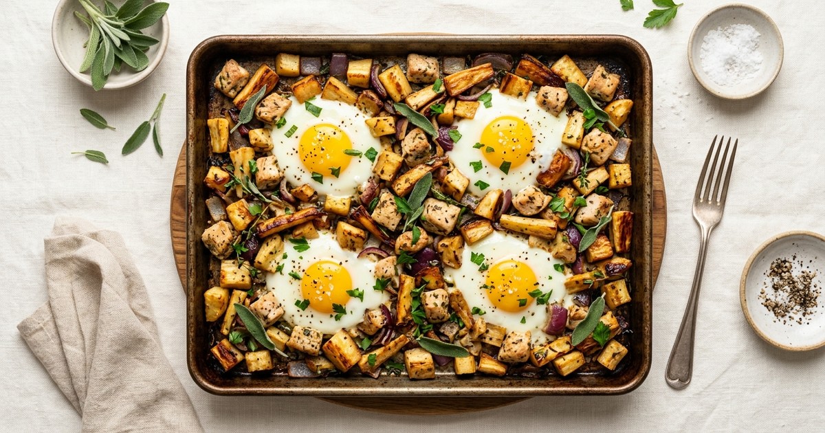 Sheet Pan British Chicken and Parsnip Breakfast Hash with Sage Baked Eggs