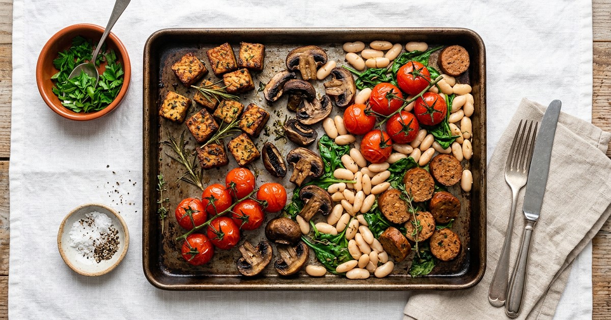 Sheet Pan British Tempeh Breakfast Roast with Mushrooms and White Beans