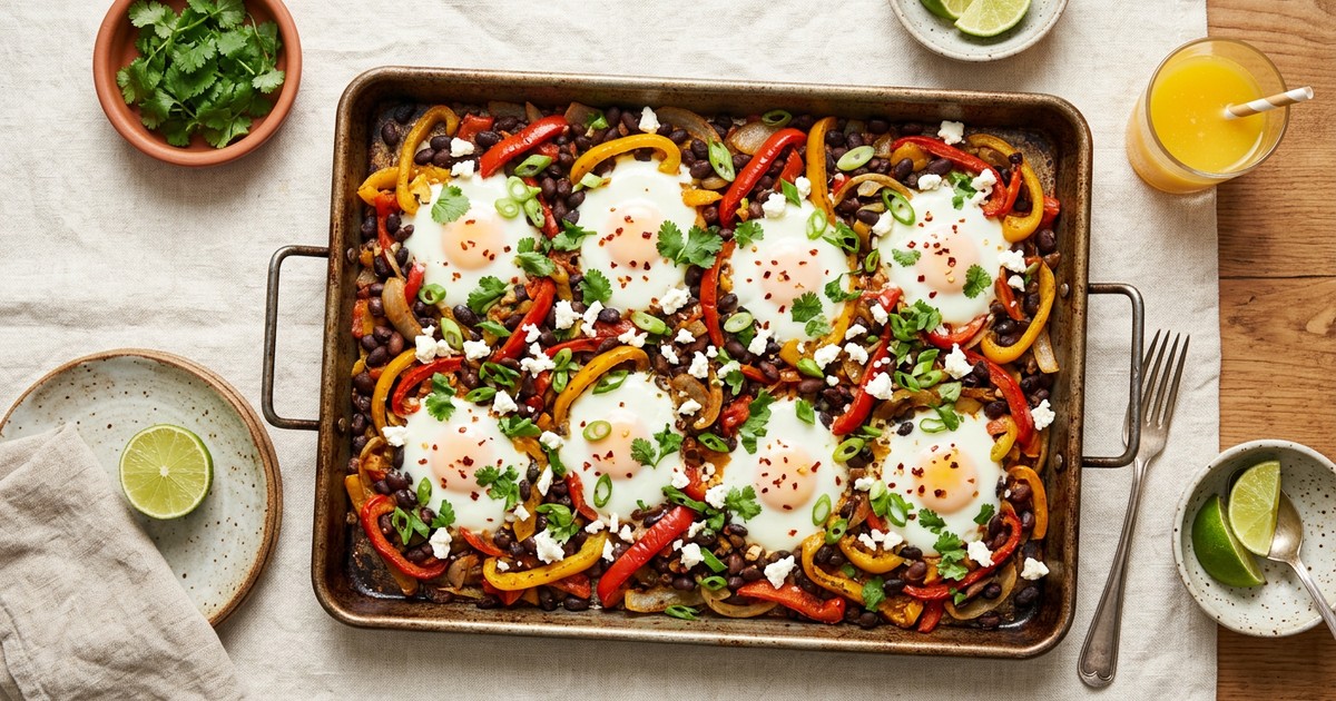 Sheet Pan Caribbean Baked Eggs with Roasted Peppers and Black Beans