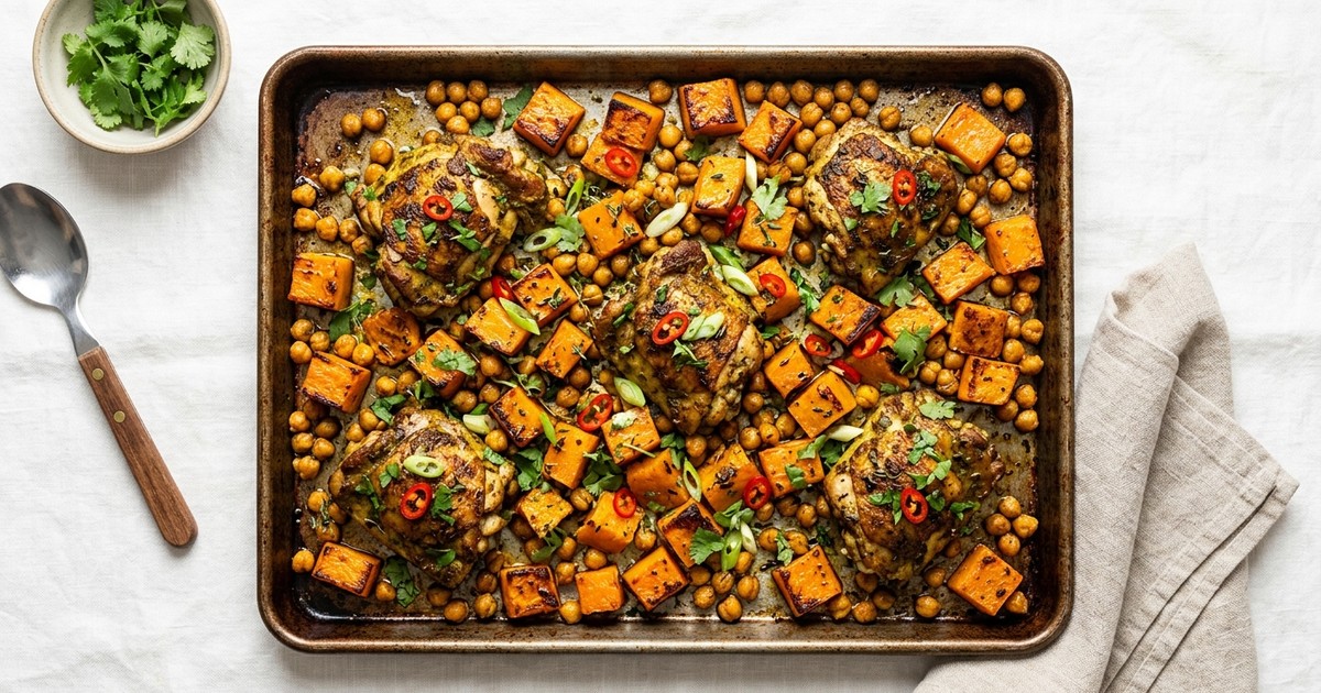 Sheet Pan Caribbean Curry Turkey with Roasted Squash and Chickpeas