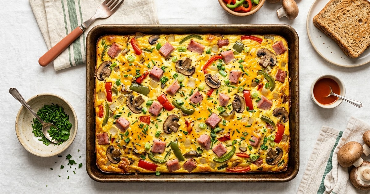Sheet Pan Denver Omelet Bake with Roasted Peppers and Mushrooms