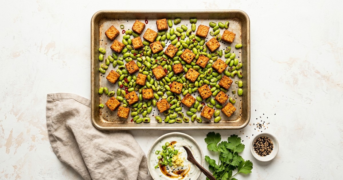 Sheet Pan Five-Spice Tempeh and Edamame Bites with Ginger Yogurt