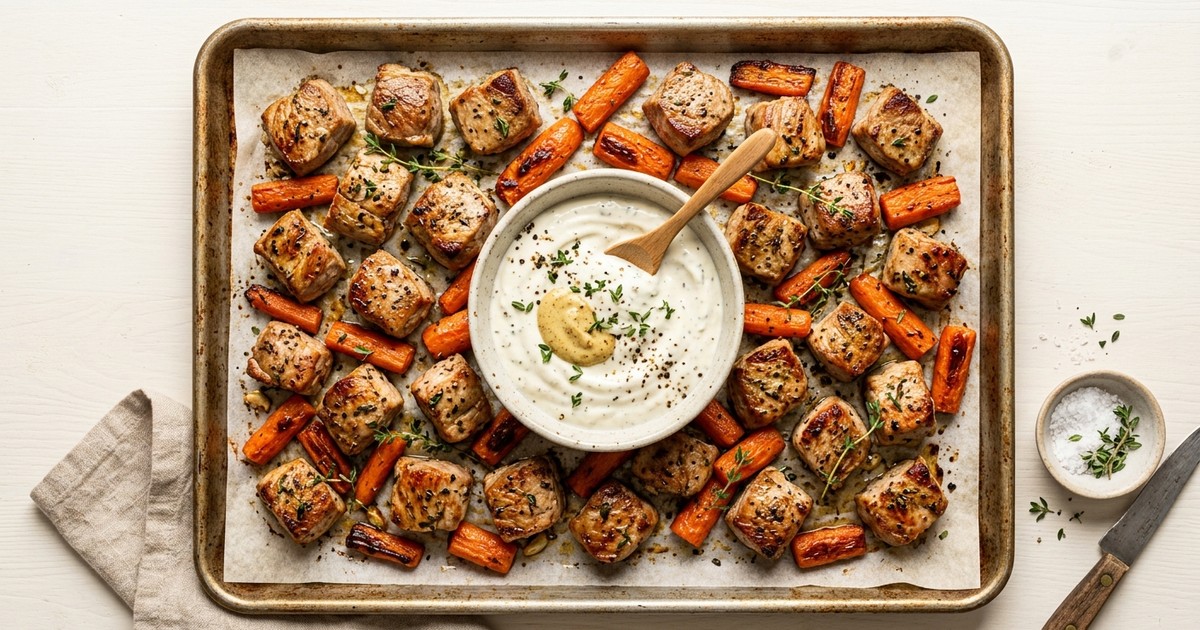 Sheet Pan Flemish Pork Bites with Roasted Carrots and Mustard-Thyme Yogurt