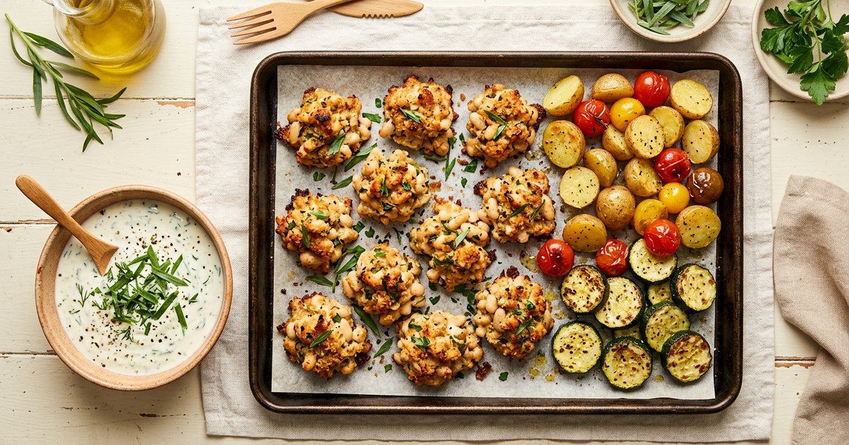 Sheet Pan French Chicken and White Bean Bites with Tarragon Yogurt