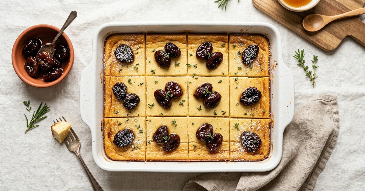Sheet Pan French Vanilla Custard Squares with Honeyed Prunes