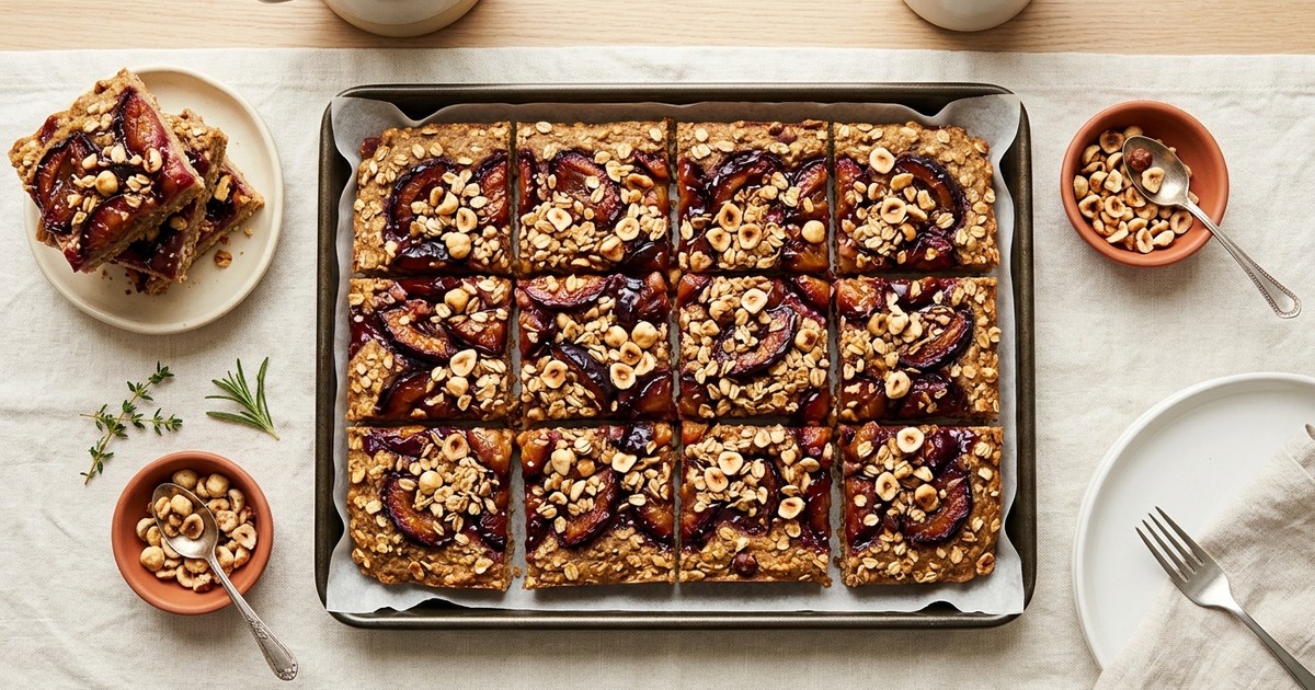 Sheet Pan German Plum and Hazelnut White Bean Protein Bars