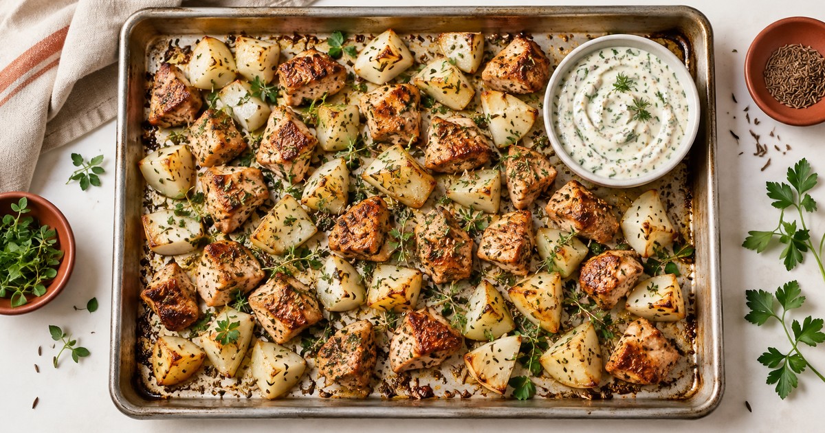 Sheet Pan German Turkey and Kohlrabi Bites with Mustard-Herb Yogurt