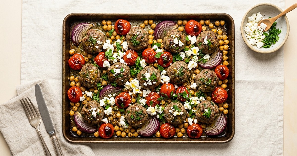 Sheet Pan Greek Beef Keftedes with Roasted Tomatoes and Feta