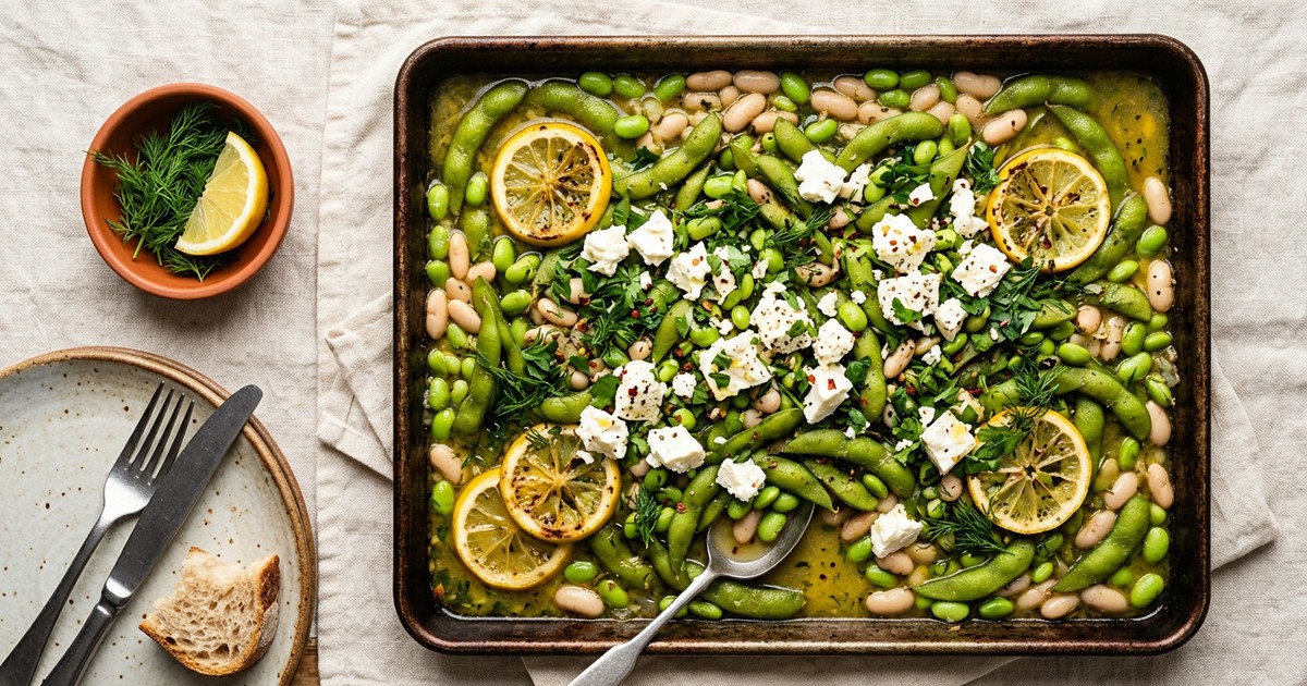 Sheet Pan Greek Poached Edamame with Lemon, Dill, and Feta