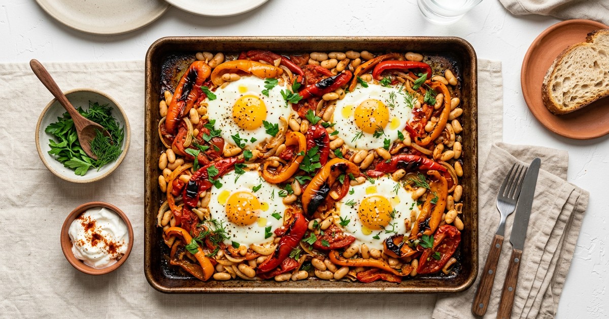 Sheet Pan Hungarian Paprika Eggs with Roasted Peppers and White Beans