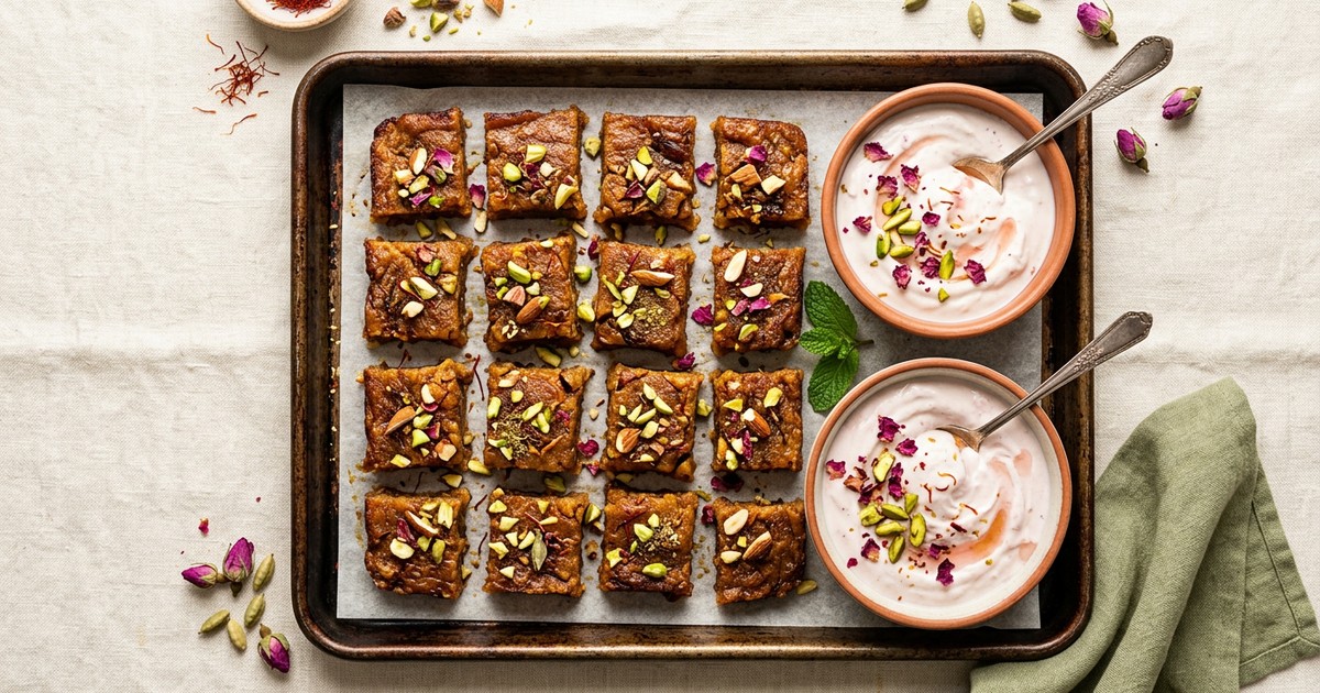 Sheet Pan Indian Saffron Beef Halwa Bites with Rose Yogurt