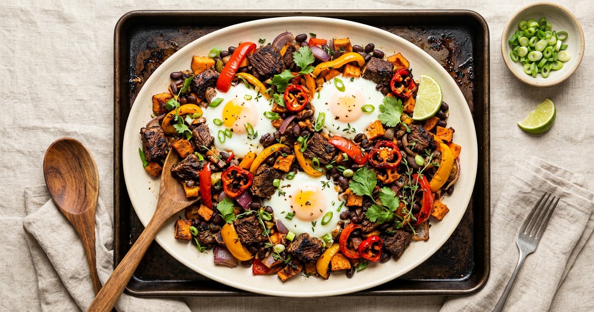 Sheet Pan Jerk Beef Breakfast Hash with Roasted Peppers