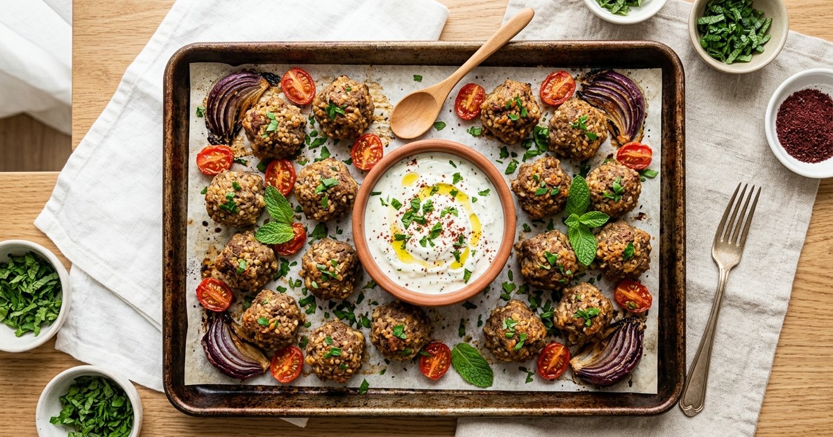 Sheet Pan Levantine Beef Kibbeh Bites with Mint Yogurt