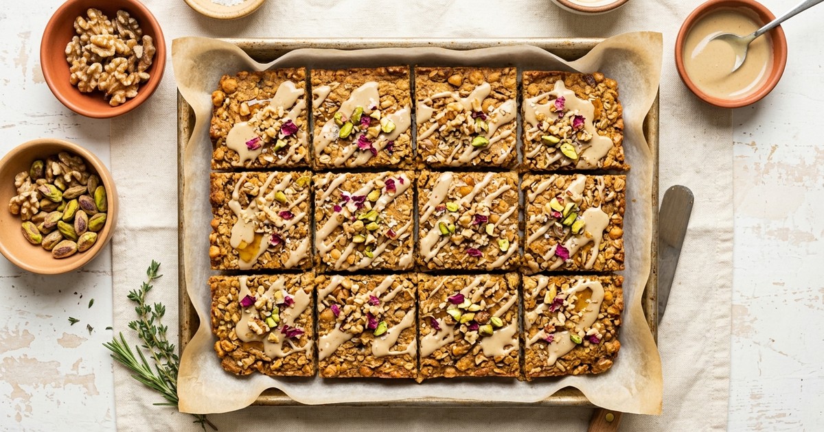 Sheet Pan Mediterranean Baklava Chickpea Protein Squares