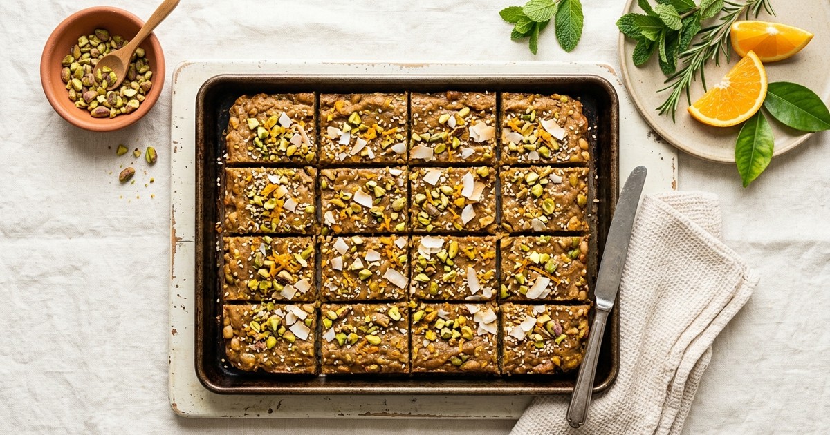 Sheet Pan Mediterranean Orange-Pistachio White Bean Protein Bars