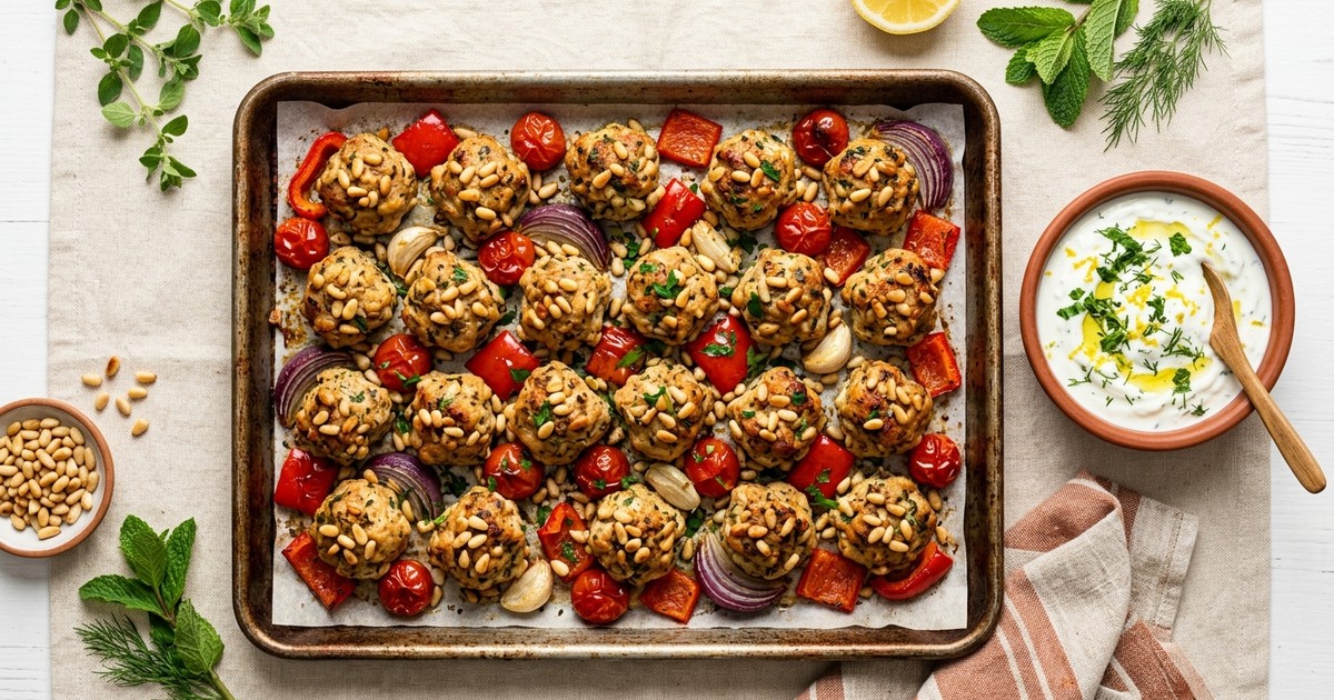 Sheet Pan Mediterranean Turkey and Pine Nut Bites with Lemon-Herb Yogurt