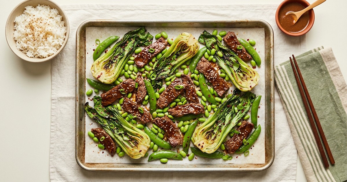 Sheet Pan Miso-Ginger Beef with Roasted Bok Choy and Snap Peas
