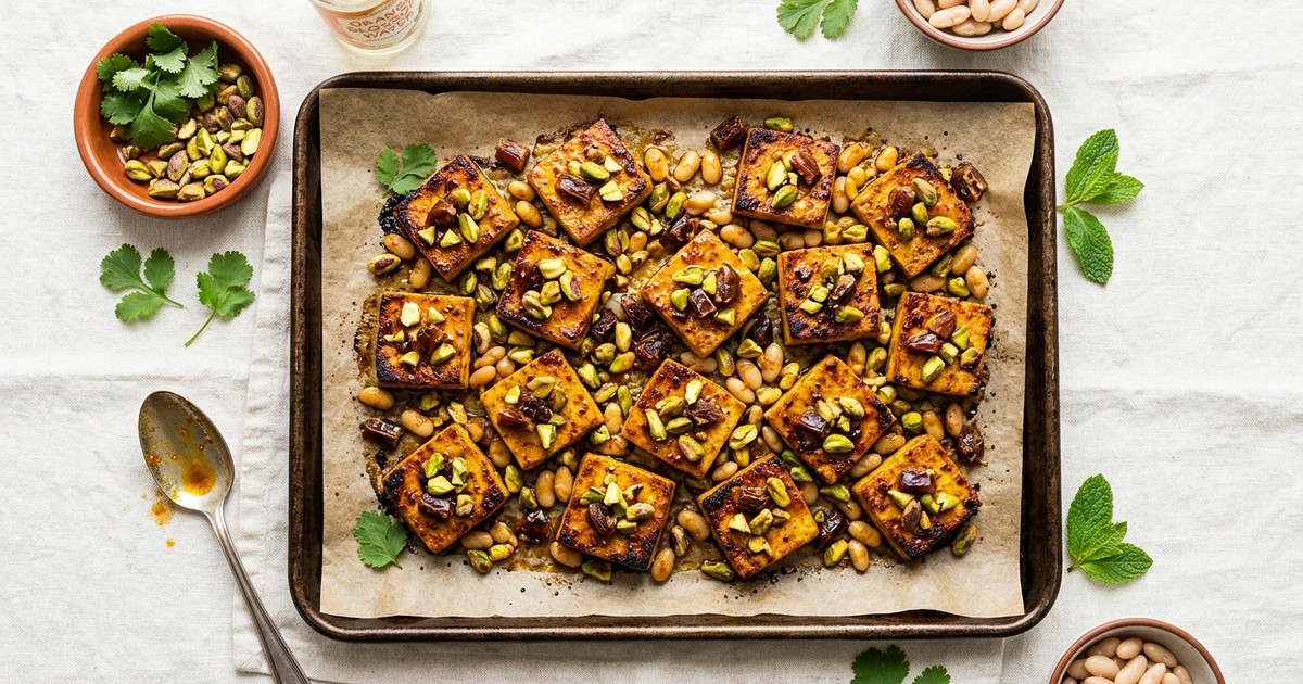 Sheet Pan Moroccan Orange Blossom Tofu Squares with Dates and Pistachios