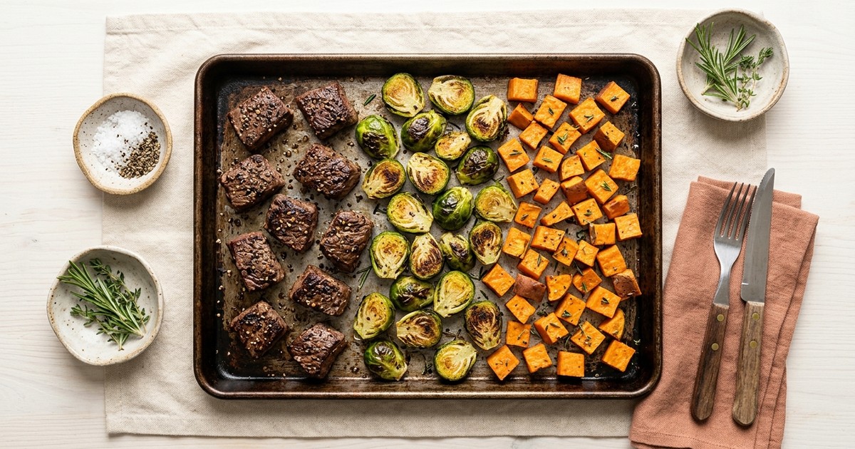Sheet Pan Peppered Sirloin with Brussels Sprouts and Sweet Potato