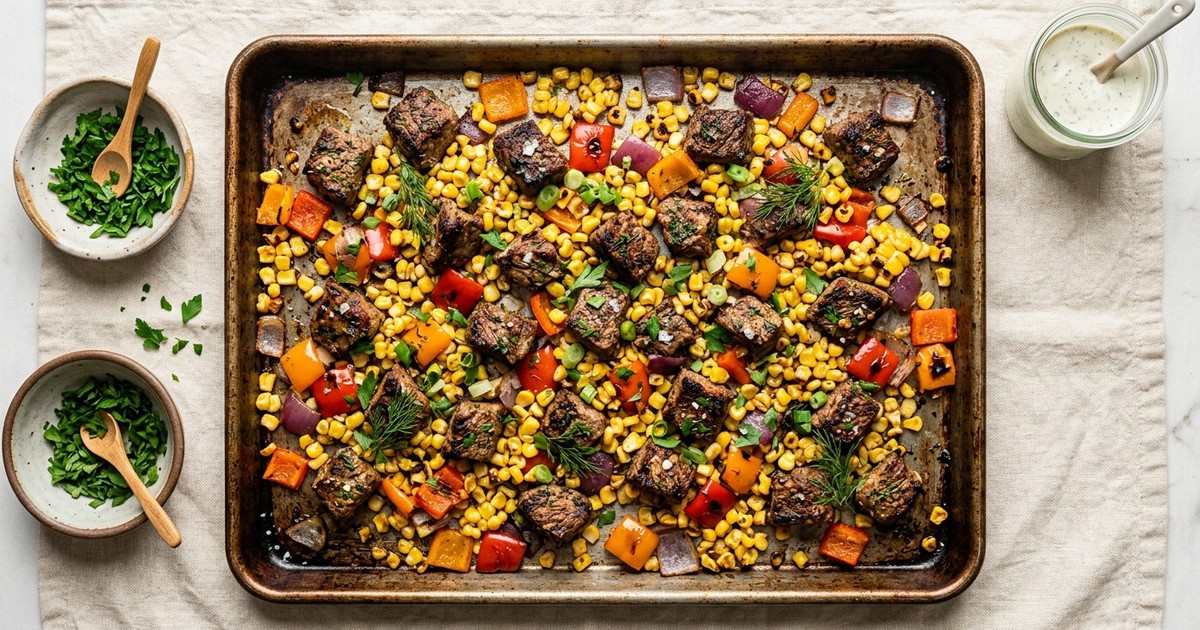 Sheet Pan Ranch Sirloin Bites with Roasted Corn and Peppers