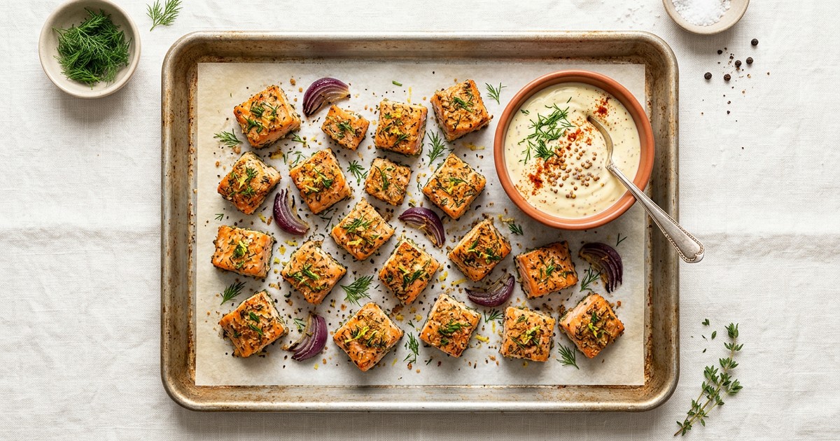 Sheet Pan Scandinavian Dill Salmon Bites with Mustard Yogurt