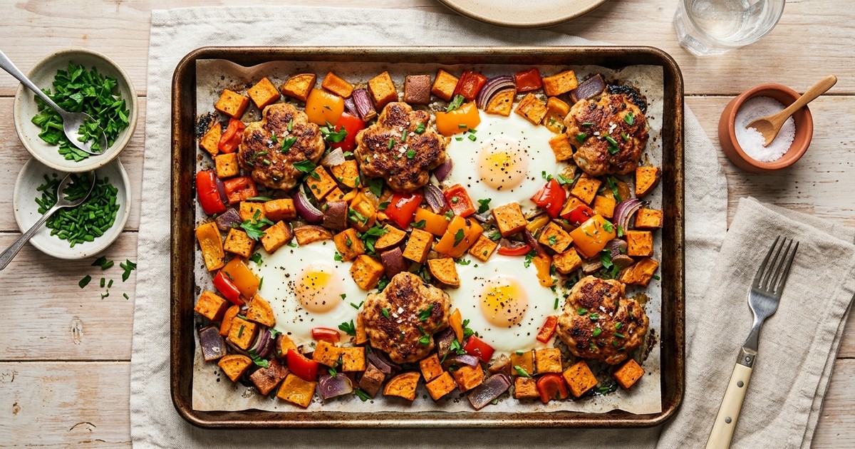 Sheet Pan Smoky Chicken Sausage Breakfast with Sweet Potato and Eggs