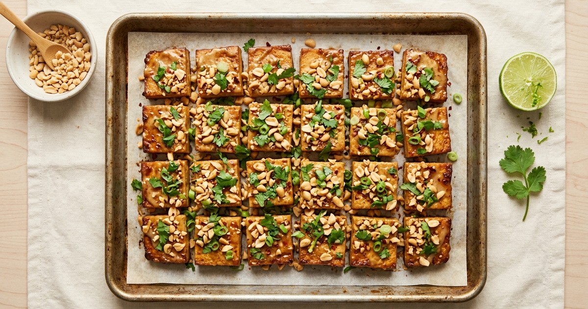 Sheet Pan Thai Coconut-Lime Tofu Squares with Crushed Peanuts