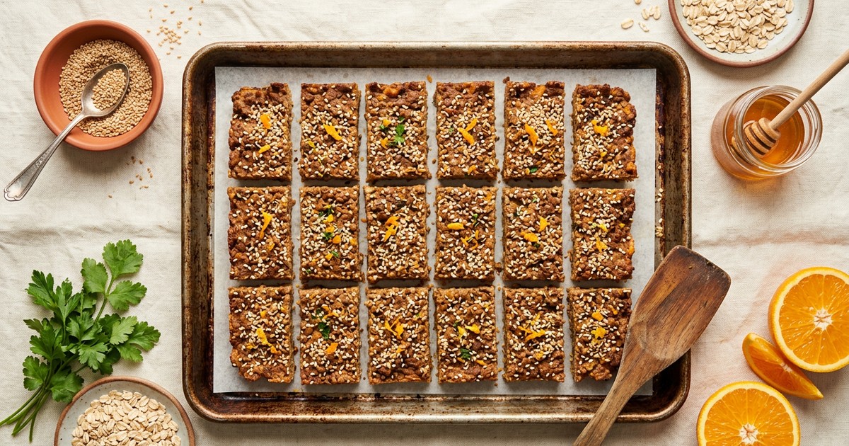 Sheet Pan Tunisian Beef and Sesame Protein Bars with Orange