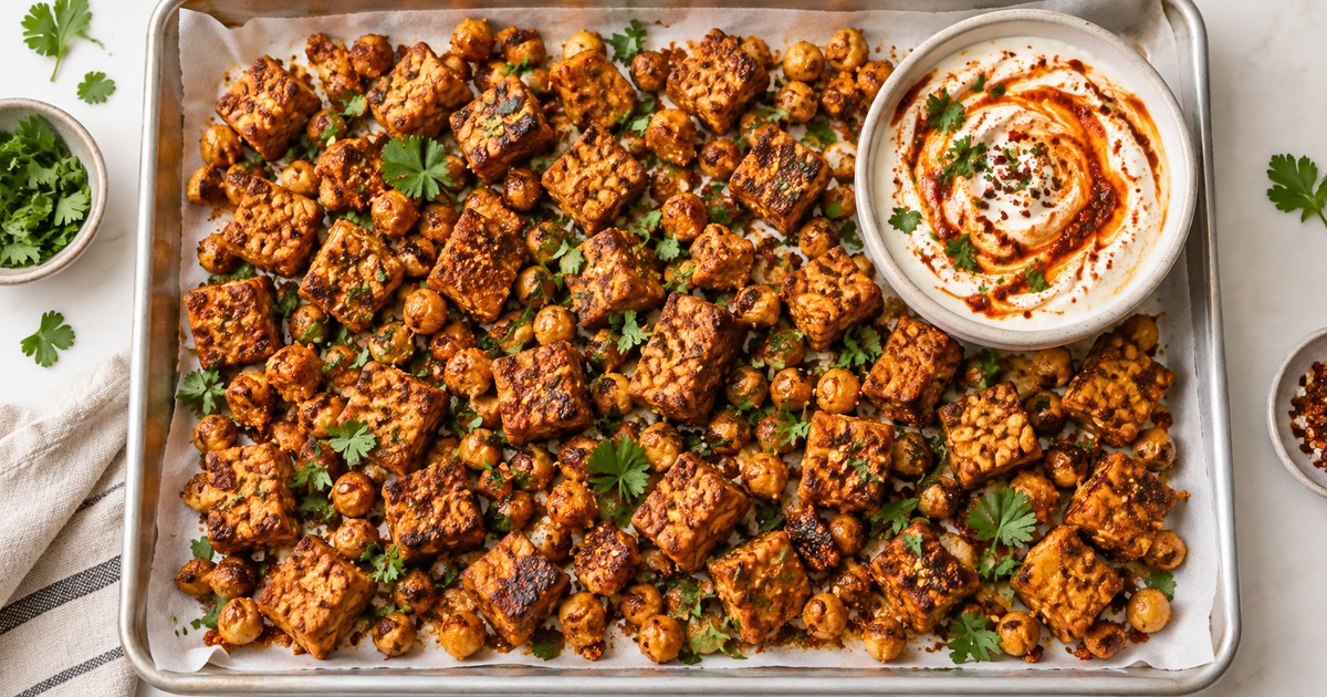Sheet Pan Tunisian Spiced Tempeh and Chickpea Bites with Harissa Yogurt