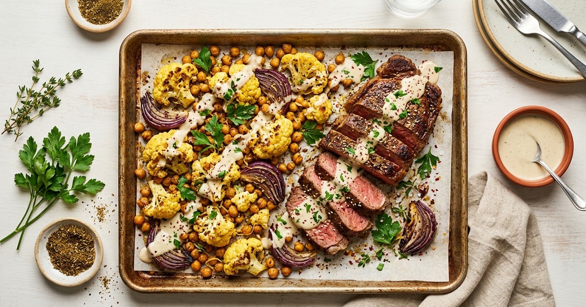 Sheet Pan Za'atar Sirloin with Roasted Cauliflower and Lemon Tahini