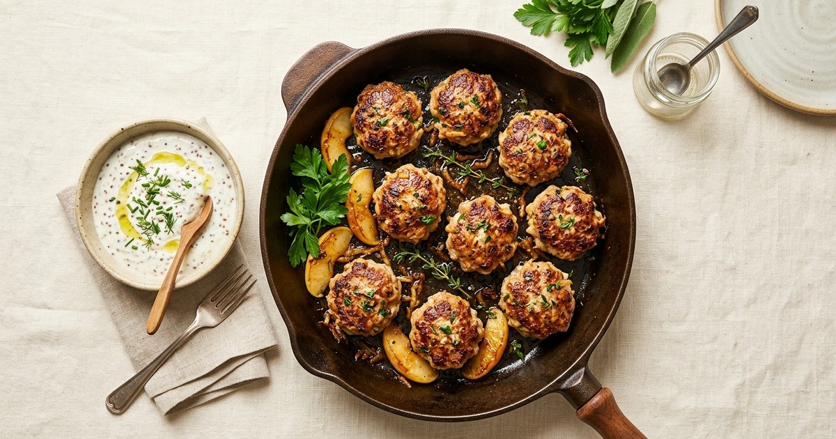 Skillet Bavarian Pork and Apple Mini Patties with Mustard Yogurt