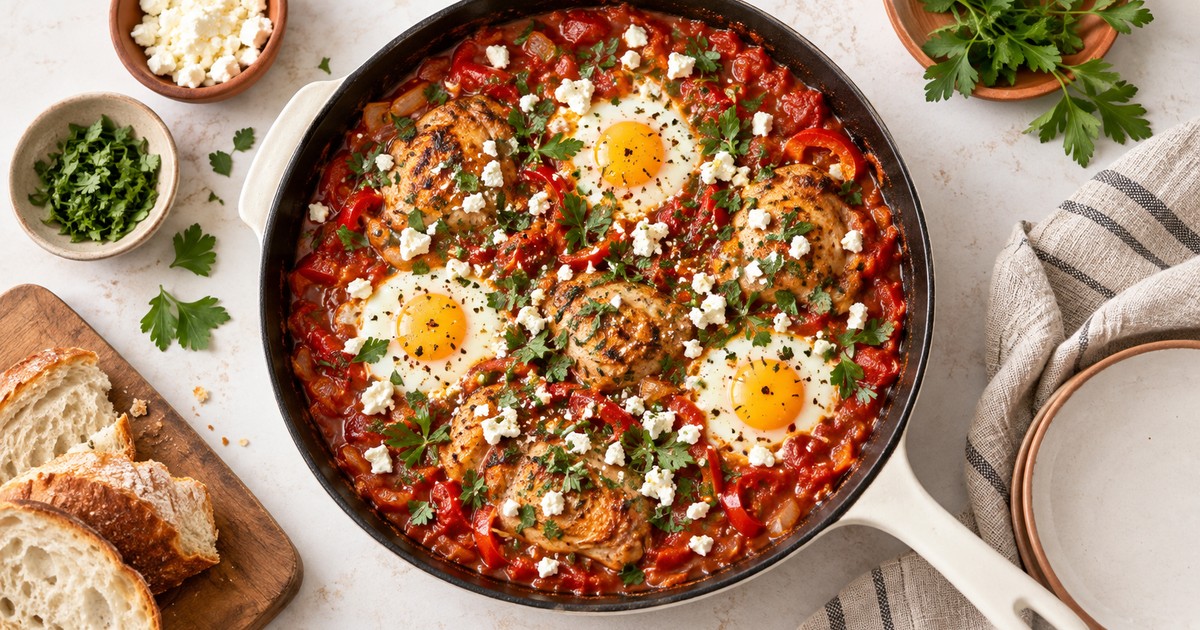 Skillet Mediterranean Chicken Shakshuka with Feta and Herbs