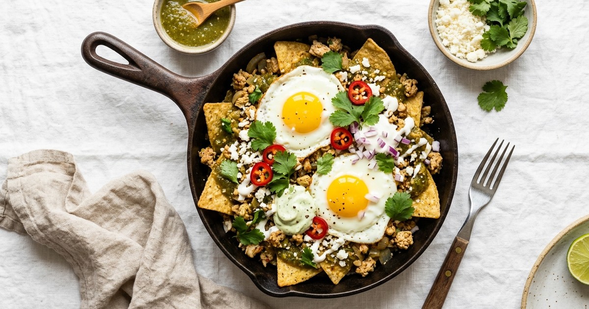 Skillet Mexican Chicken Chilaquiles Verdes with Soft Eggs