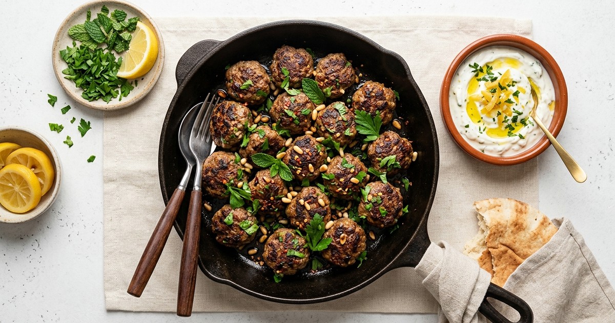 Skillet Moroccan Beef and Mint Kefta with Preserved Lemon Yogurt