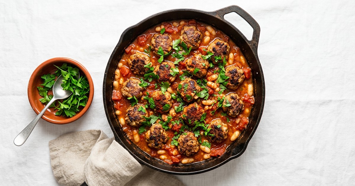 Skillet Moroccan Turkey Kefta in Warm Tomato-Cumin Sauce