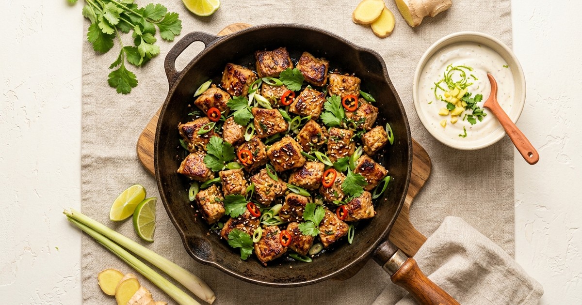 Skillet Thai Lemongrass Pork Bites with Lime-Ginger Yogurt