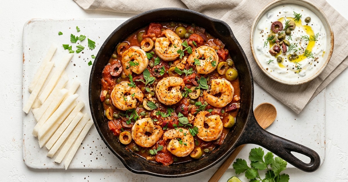 Skillet Veracruz Shrimp Bites with Olive-Caper Yogurt Dip