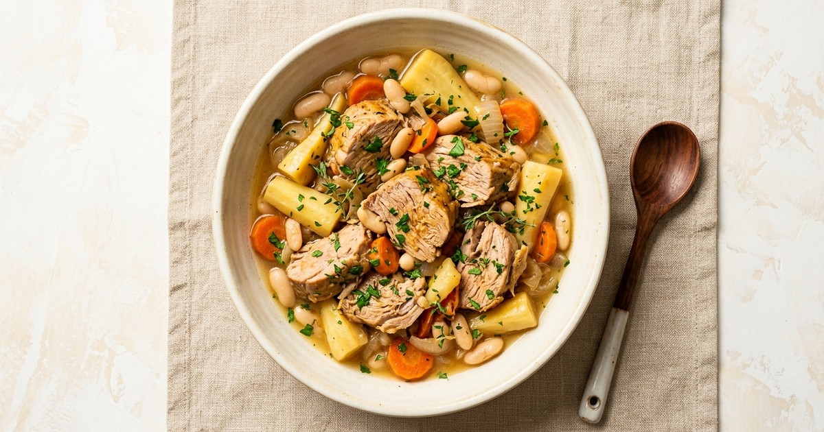 Slow Cooker British Cider-Braised Pork with Parsnips and White Beans