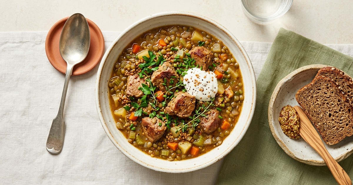 Slow Cooker German Pork and Lentil Stew with Mustard and Thyme